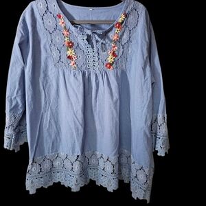 SHEIN Blue Floral Embroidered Lace Blouse
